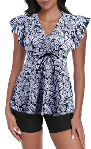 ECUPPER Womens Tankini Swim Dress with Sleeves Modest Two Piece Swimsuits Tummy Control Bathing Suit Floral Printed Swim Tops and Shorts Black Stripe XL