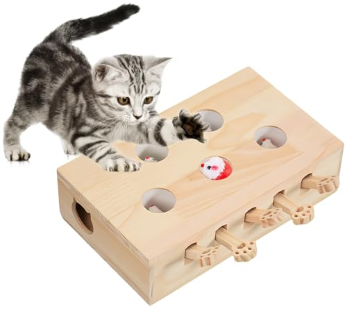 Interaktiv kattleksak, kattleksak av trä, interaktiv kattleksak, 3-i-1 klösbräda för katter och leksaker, rolig whack mole spel interaktiv kattleksak för jakt, lek