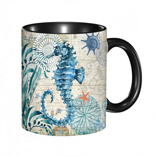 HRRASFAZF Tasse à Café | Tasse Céramique Fine | Cadeau Original | 330ml | Mug avec Anse | Cadeau Original pour Homme et Femme | Vie marine pittoresque de hippocampes de fond marin coloré vintage