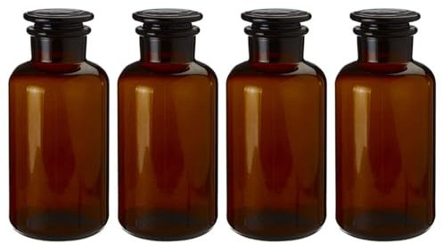 UNIQUE HOME LIVING Apothecary Jar Set of 4 Reagent Bottles, 1000ml Amber Glass Storage Jar with Lid, Reusable Vintage Refillable Container for Essential Oils, Bath Salts, Lotion, Perfume