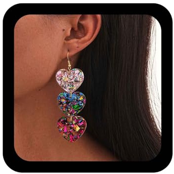 Cybche Orecchini pendenti a tre cuori in acrilico bohémien in resina colorata con tre orecchini a forma di cuore rosa lunghi a forma di amore orecchini pendenti con gancio gioielli per, Zinco