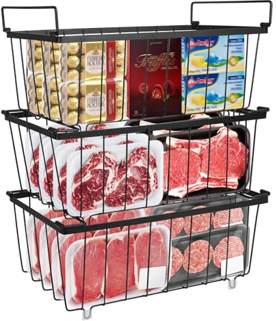 Gefrierschrank Organizer 3er Set: Stapelbare Gefrierkörbe mit Griffen
