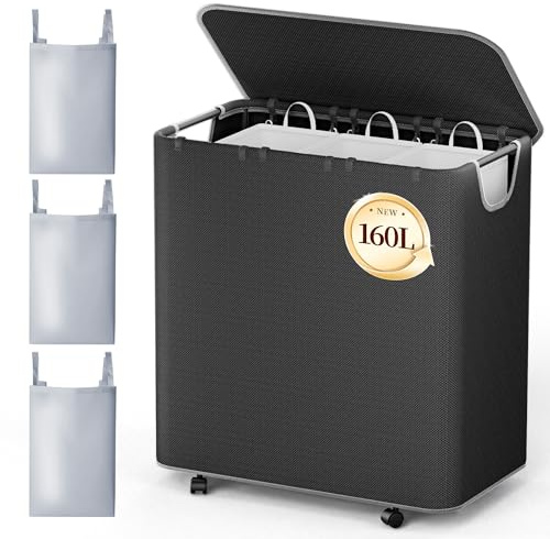 LAMU Laundry Basket, 3 Compartments, Laundry Hamper, 180 L Laundry Basket with Lid, 3 Compartments and 6 Laundry Bags, Removable, Quick Assembly, Laundry Sorter for Bathroom, Bedroom, Laundry Room