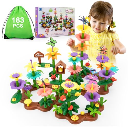 Funsland Flower Garden Building Toys for Girls: 183 PCS Kids Gardening Kit Set Gifts for 3 4 5 6 7 Year Old Toddler
