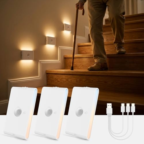 wowatt Treppenlicht mit Bewegungsmelder, 3 Modi Nachtlicht mit Bewegungsmelder Akku, 3000K-4000K-6500K Treppenstufen Beleuchtung mit Batterie, für Treppe, Schlafzimmer, Küche, Flur(3 Pcs)