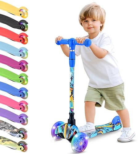 Hurtle Mini Kickboard Scooter for Kids - Height Adjustable 25''-28'', Lightweight 3-Wheel Toddler Skate with LED Light-up Wheels, Anti-Slip,Indoor/Outdoor Fun, Micro Scooter for Ages 2-5 (Graffiti)