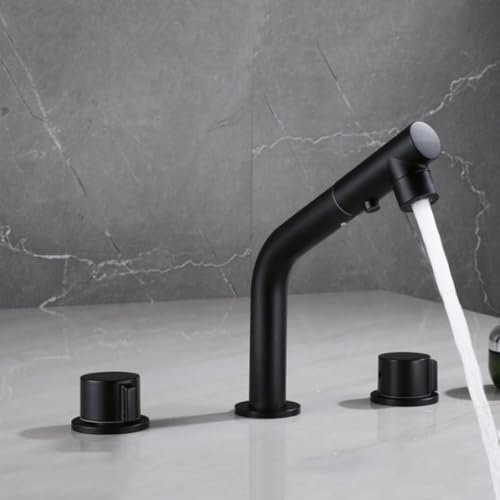 Rubinetto Lavabo 3 Fori con Doccetta Estraibile Rotazione di 360° Rubinetto Lavandino Bagno 2 Manopole,nero