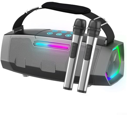 Máquina de karaoke con altavoz de 40 W, luces RGB y dos micrófonos inalámbricos para actuaciones grupales (gris)