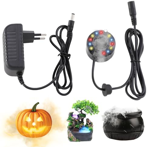 DAJASD Ultraschall Vernebler, Mini Nebelmaschine mit 12 LED-Licht, Ultrasonic Fog Maker für Teich, Aquarium, Halloween Pumpkin Teich, Steingarten und Hexentopf(EU Plug)