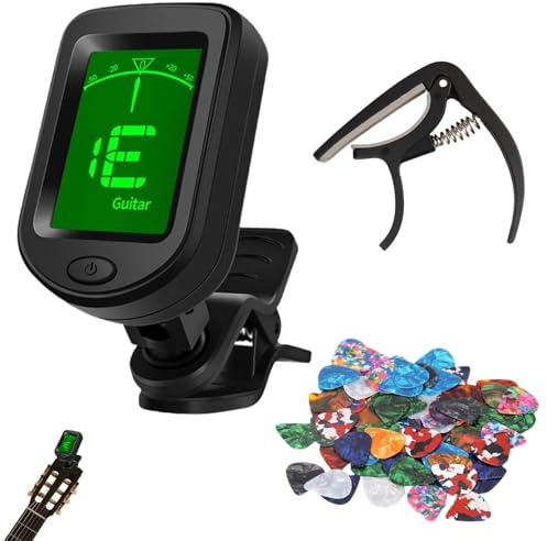 Electric Guitar Tuner and Guitar Capo Acoustic Set, Clip-On Digital Tuner | Clip On Tuner, With 20 Random Color Guitars Picks, Acoustic Guitar Tuner, For Ukulele Tuner Bass Guitar Tuner