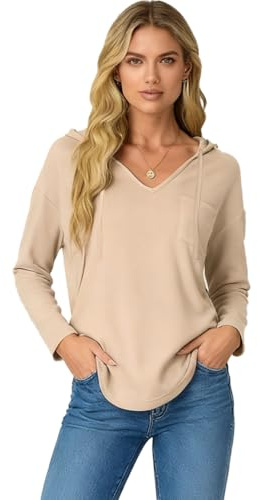 Enjyam Sweat à Capuche Femme Col V Sweat Hoodie Haut Sweat-Shirt Sportswear Manche Longue Automne Hiver T Shirt Jogging Tennis Gym Yoga Top Blouse Décontractée Casual Beige XXL