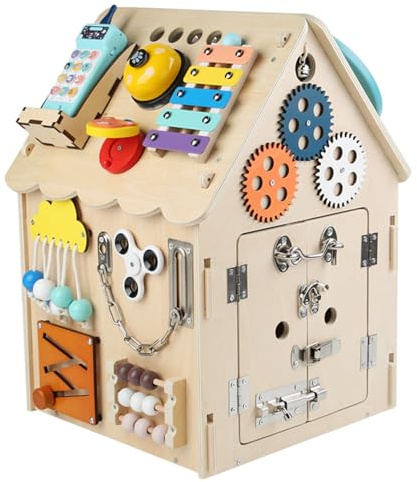 Casa Giocattolo In Legno, Gioco Sensoriale per Bambini con Spazio di Stoccaggio Interno, Scatola Musicale, Interruttore, Ordinatore, Ingranaggi, Orologio, Giocattolo Ed Natural wood (music telephone)