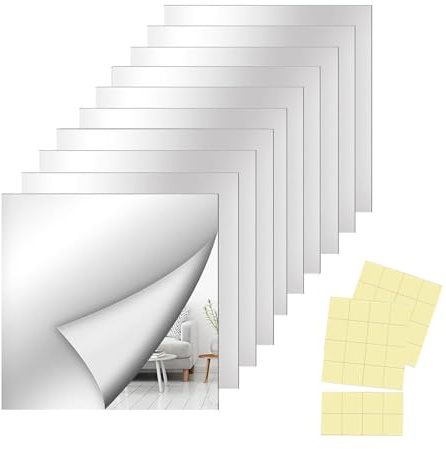 Wemoralix 10 Pcs Flexible Acrylic Mirror Sheets, 2mm Thick Self-Adhesive Wall Mirror Tiles with Stickers, 5.9''x 5.9inch Non-Glass Decorative Safety Mirrors for Bathroom & Bedroom(15x15cm)