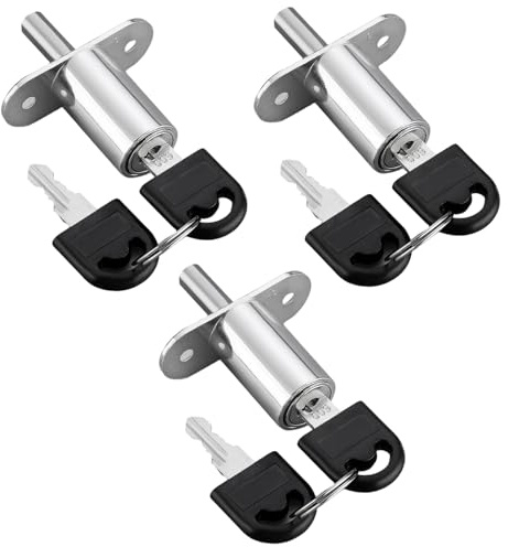 Desk Lock with 2 Keys Zinc Alloy 32mm Cylinder Length Push Plunger Lock for Drawer Desk Wardrobe Cabinet, 3Pcs/Set