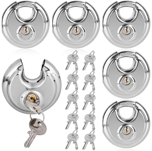 BAIFULAI Lot de 5 cadenas à anse ronds de 60 mm, avec 10 clés, serrure ronde avec manille en acier inoxydable, serrure à disque ronde, résistant aux intempéries, serrure de sécurité