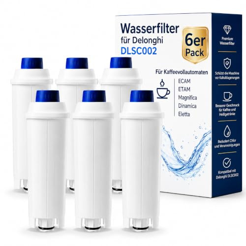 Pack of 6 Water Filters for Delonghi DLSC002 - Compatible with ECAM, ETAM, Magnifica, Dinamica, Eletta - Activated Carbon Replacement Filter for Fully Automatic Coffee Machines, Chlorine-Free