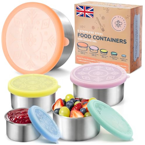 Everusely Contenitori per alimenti in acciaio inox, set da 5, Sorbet | I contenitori per il pranzo in metallo Everusely sono dotati di coperchi colorati per conservare pasti e alimenti.