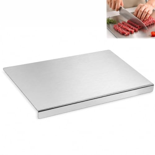 Large Stainless Steel Cutting Board 40 x 30 cm, Counter Edge Chopping Board | Heavy Duty Double-Sided Metal Board with Lip for Meat, Vegetables, Fruit, Baking, Pastry, Dough