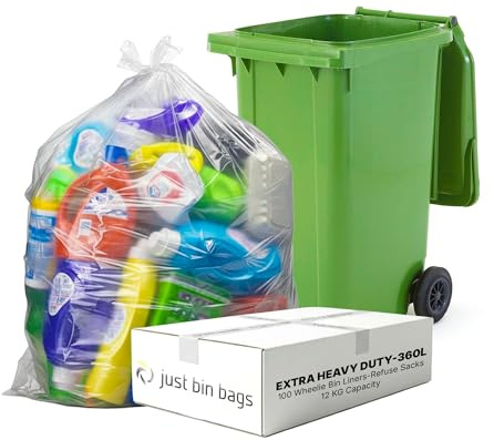 Just Bin Bags 100 x 360L Clear Wheelie Bin Liners - 30 Micron | Extra Heavy-Duty, For Recycling, Waste Auditing & Commercial Use