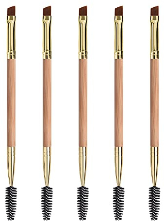 Duo Eyebrow and Eyelash Brush Set - Spoolie and Angled Brow Brush for Eye Makeup (5pcs, Yellow)