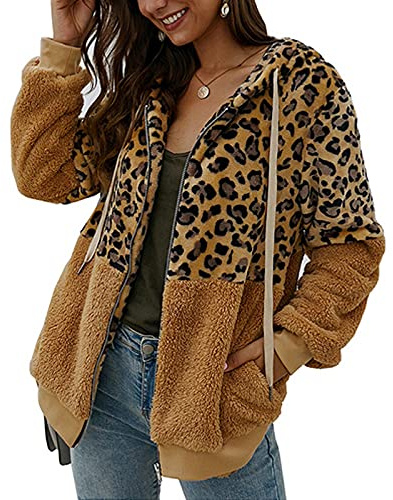 ABINGOO Abrigo Mujer Caliente y Esponjoso Tops Chaqueta Suéter Abrigo Jersey Otoño Invierno Leopardo Lana Sudadera con Capucha Outwear,Marrón,S