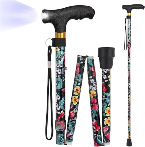 Walking Folding Cane with LED Light for Women and Men, Portable Foldable Collapsible Aluminium Cane, Lightweight and Adjustable Walking Sticks for Seniors Balance