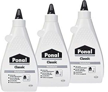Ponal Classic, gebrauchsfertiger Holzleim mit hoher Verleimungsfestigkeit, Holzkleber für Montage-, Flächen- & Fugenverleimungen, transparenter Bastelleim, 3x550g