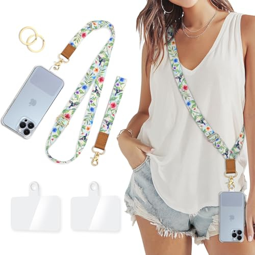 Piefly Phone Lanyard Crossbody Wrist Strap, Bird Cell Phone Lanyards for Around the Neck Wristlet Shoulder, Adjustable Flower Floral Strap for Car Keys Keychain Wallet ID Badge