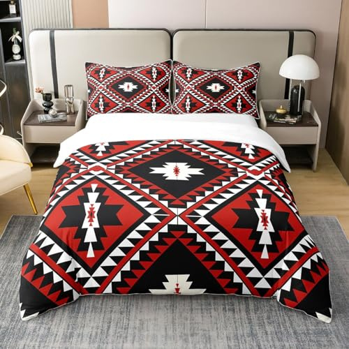 Homewish Coton Bohème Parure de Lit 220x240,Lit Aztèque pour Femme,Ensemble de Literie Diamant Géométrique Ethnique Mexicain,Couvre Lit de Ferme Rouge Noir Blanc,2 Taies d'oreiller