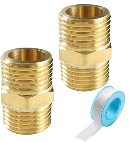 Lyeteung 2 Piezas Recto de Latón G1/2 Macho a G1/2 Macho, Pezón Hexagonal Conector de Latón, con Cinta de Plomero, para Conversión de Conexión de Tubería