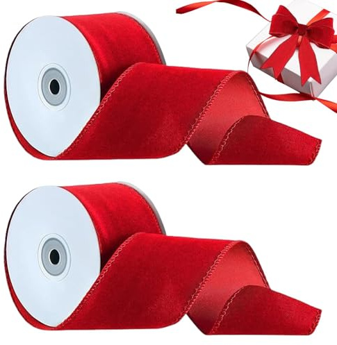 Lot de 2 rouleaux de ruban de velours rouge pour le bricolage, avec fil de fer, accessoire de nœud décoratif, large ruban, couronnes de bricolage, accessoires pour la décoration de sapin de Noël