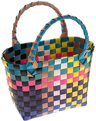 PAMINGONO Bunter Geflochtener Aufbewahrungskorb Mit Griff Vielseitige Einkaufstasche Für Obst Gemü Snacks Und Als Organizer Für Zuhause Ideal Für Picknicks Und Partys PVC Material
