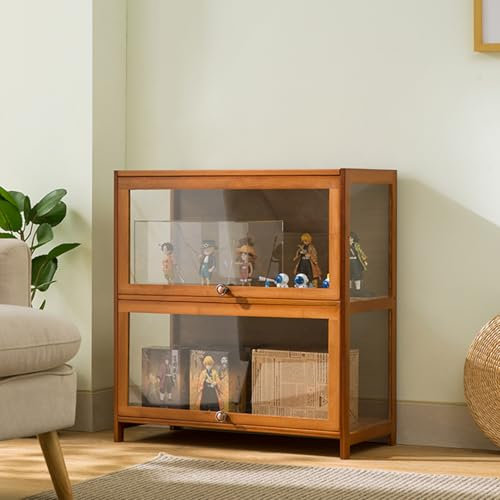 Monter i bambu med akryldörrar, brun Curio bokhylla för vardagsrum, kontor och kök, glasmonter för böcker och dekor – 60 × 32 × 73 cm