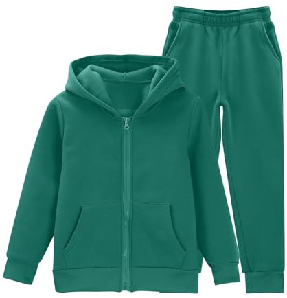 2 piece cotton jogging set for teen kids plain zip up hoodies sweatpants outfits boys girls soft hoodie sweatshirts and wide leg Sweat trousers clothes (Blackish Green, 9-10 Years)
