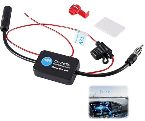 Amplificador de antena universal para autoradio 12V, amplificador de señal FM, 25dB de alta ganancia con bajo ruido, para radio FM, con adhesivo y clip rojo, universal para vehículos