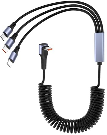 YACSEJAO 66W Right Angle USB C to USB C 3 in 1 Coiled Charging Cable for Phone/Car,90 Degree Retractable Spring Cord Splitter 6A Fast Charging & Data Sync (USB C to 3 USB C)