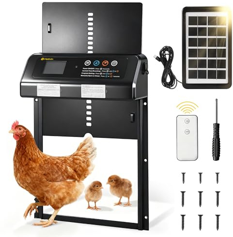 MELLWIN Automatic Chicken Coop Door Solar with LED Display, Aluminum Electric Chicken Coop Door Light Sensor, Timer - Winterproof, Predator-Proof & Solar-Powered