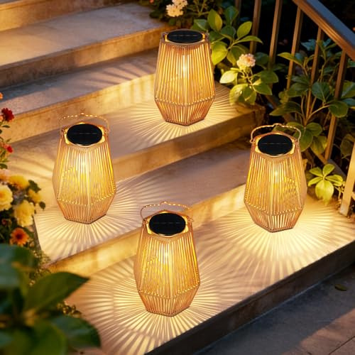 OUTONLIFE Set da 4 Lanterne Solari da Esterno in Rattan, Sospese o da Terra, LED Impermeabili con Accensione/Spegnimento Automatico, Fatte a Mano, Decorative per Giardino e Terrazza