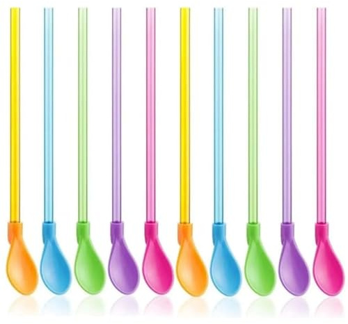 10 Pcs Slush Straws Spoon, 2 in 1 Reusable Plastic Spoon Straws for Smoothies, Milkshakes and Cocktails, 23.6cm Long Colorful Drinking Straws with Scoop for Slushie, Party and Dessert Accessories