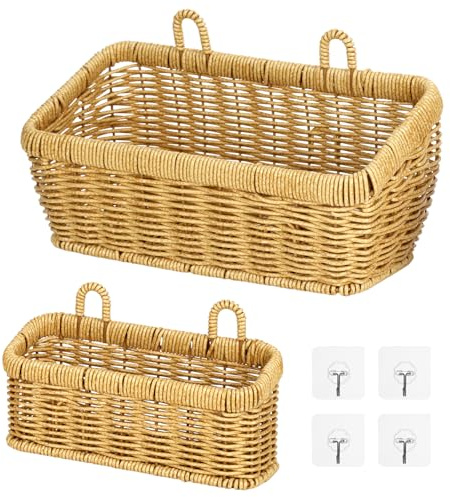 2 Pcs Wall Hanging Basket Set, Rattan Storage Basket with Hooks,2 sizes for kitchen bathroom garden