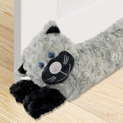Novelty Draught Draft Excluder, Grey Cat Design Soft Micro Fleece Door Cushion, Decorative Animal Wind Stopper for Door & Window