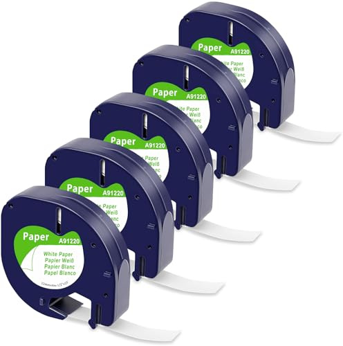 5x MarkField Kompatibel mit Dymo LetraTag Etikettenband Paper | Kompatibel mit Dymo Letratag Papier Etikettenband 12mm x 4m für LT-100H LT-100T LT-100T XR XM 2000, Schwarz auf Weiß