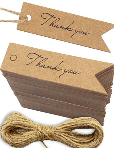 HOMETOOLS.EU® - 100 x carta kraft, cartone naturale, etichette regalo, etichette di carta, etichette, 7 x 2 cm, con filo di iuta da 10 m, Thank You, grazie, marrone naturale