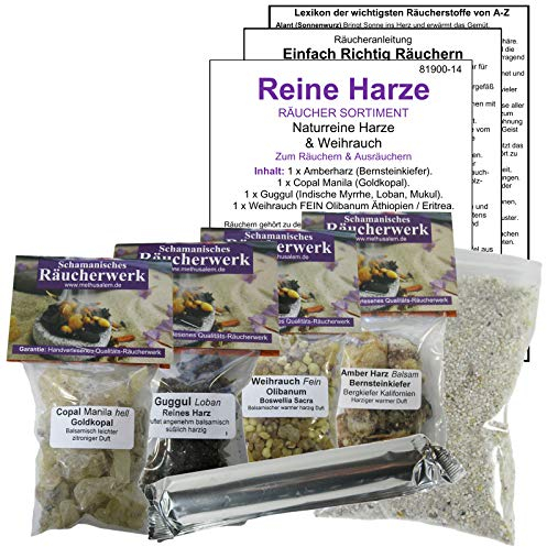 4X 50ml Weihrauch & Reine HARZE zum räuchern 8-TLG RÄUCHERSORTIMENTmit Olibanum + Amber + Kopalharz + Guggul Myrrhe [4X ZUBEHÖR, Räucheranleitung UVM.] 81900-14