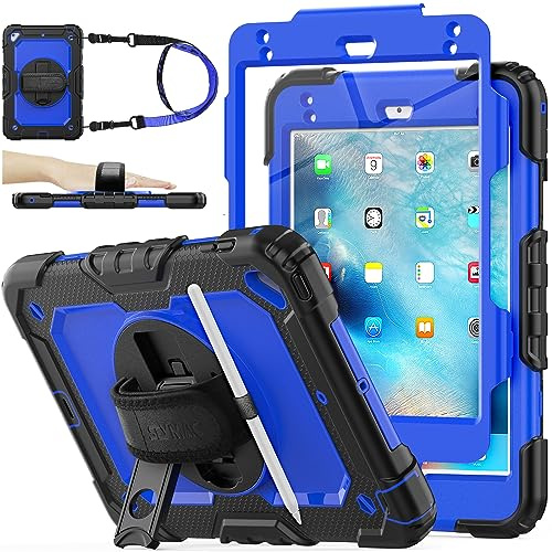 SEYMAC stock Case for iPad Mini 5/Mini 4 7.9'' 2019/2015, Blue | Full-body Shockproof, with Screen Protector, 360° Rotating/Adjustable Stand/Hand Strap, Pencil Holder & Shoulder Strap