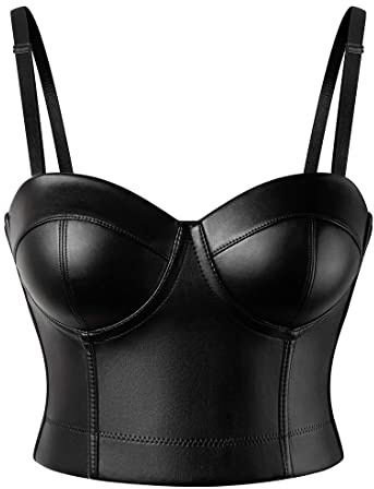 SLIMBELLE Lack Crop Top Damen Leder-Optik Bustier Korsett Bauchfrei Wetlook Shirts Kurz Tanktop Leder Spaghetti BH Top mit Push up Effekt Oberteile Bekleidung für Jeans Rock