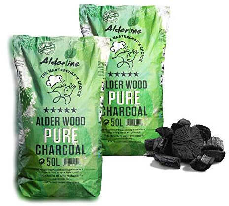 Alderline Lumpwood Charcoal BBQ - Smokeless & Flavor-Enhancing, Quick-Light, Sustainable, Grills & Cooking Styles - 5-20cm Pieces 50L Bag - Restaurant Grade Charcoal (100L)