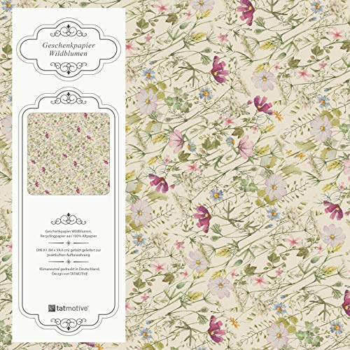 Wildblumen Geschenkpapier EXTRA DICK Geburtstag Blumen floral 5 Bogen 84 x 59 cm, Öko Recycling Papier nachhaltig gedruckt Vintage floral