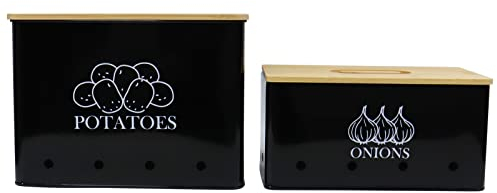 Xbopetda Kartoffel-Zwiebel-Aufbewahrungsbox, Lebensmittelbehälter-Sets, Set mit 2 Töpfen Behälter, Kartoffel- und Zwiebelbehälter mit Belüftungsdose, Aufbewahrungslöcher und Bambusdeckel, Schwarz