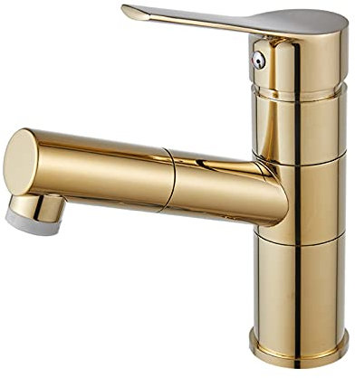 WPHH Rubinetto per Lavabo da Bagno con Doccetta Estraibile, Miscelatore per Lavabo Monoforo Girevole, Rubinetti per Lavabo Monocomando in Ottone con Bocca Girevole, Oro